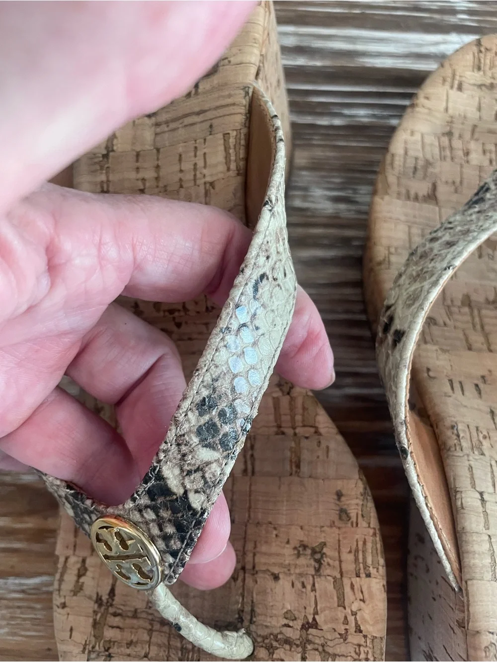 Tory Burch Cork Wedge Sandals with Snake-Print Straps and Gold Logo